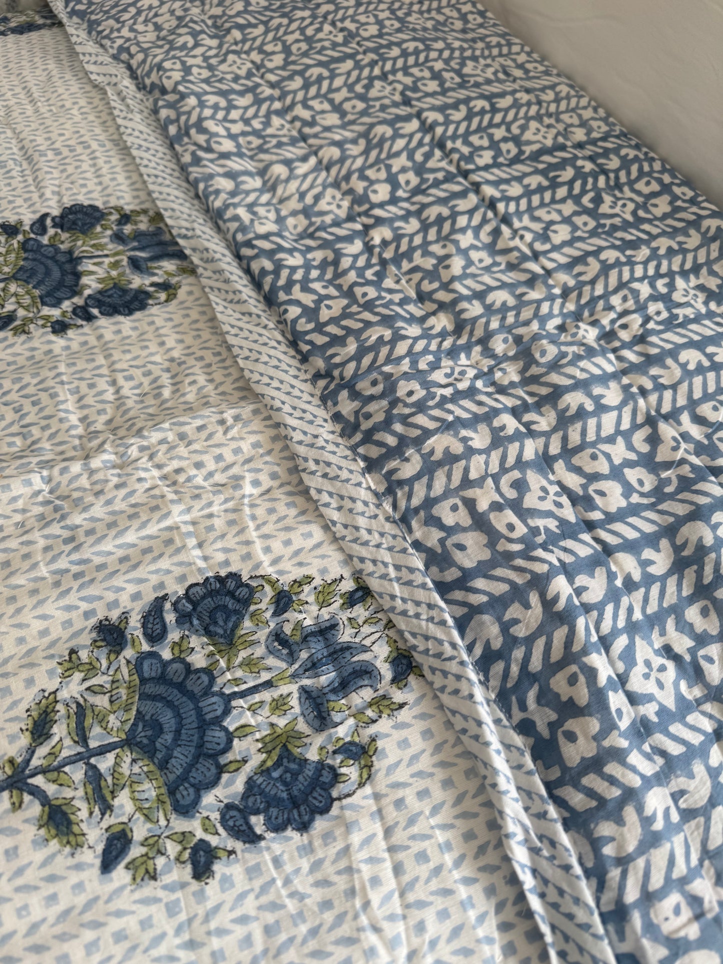 Blue Foliage & Tree Hand Block-Printed Single Bedspread