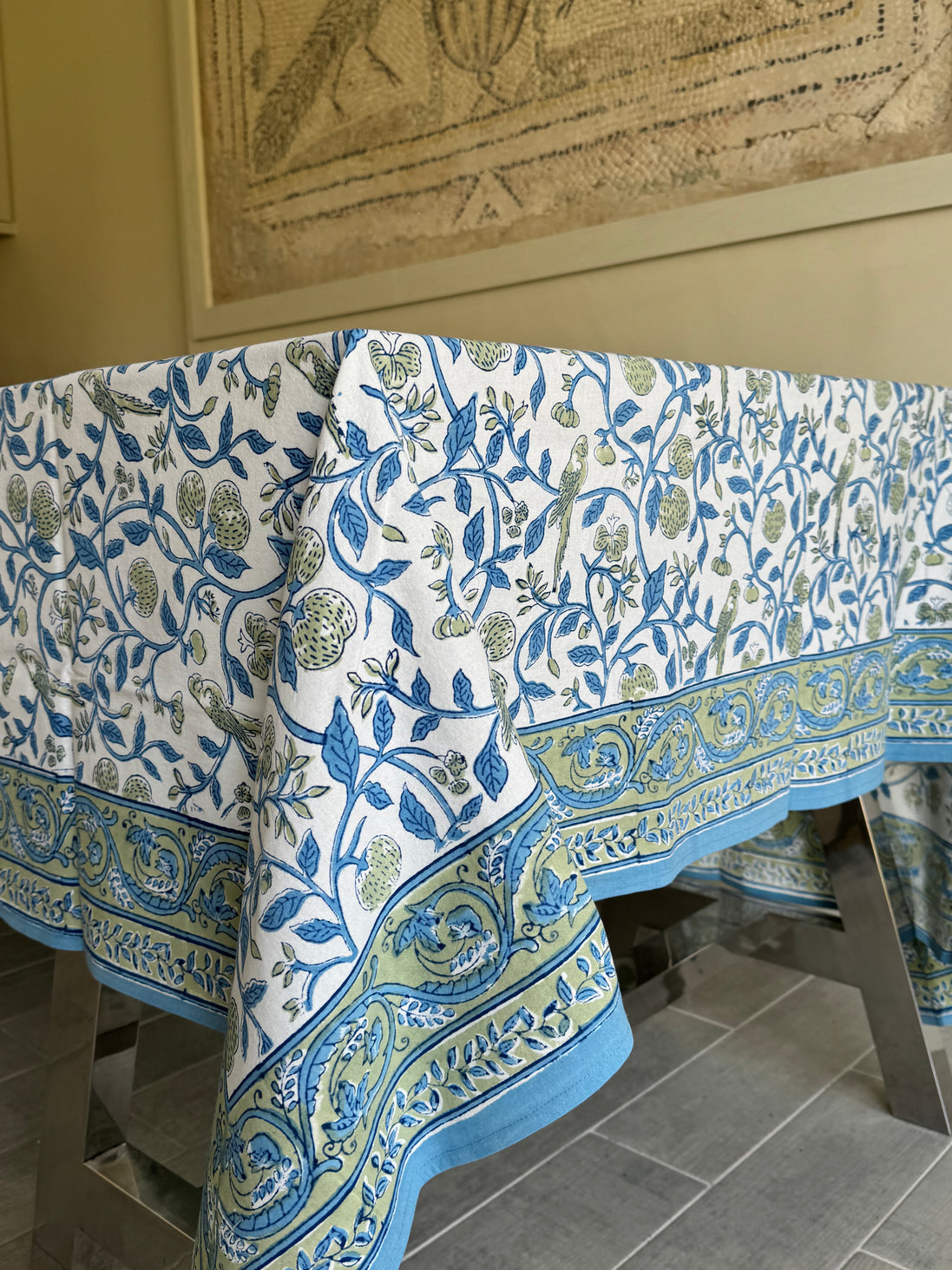 Strawberry & Parrot Block Print Tablecloth