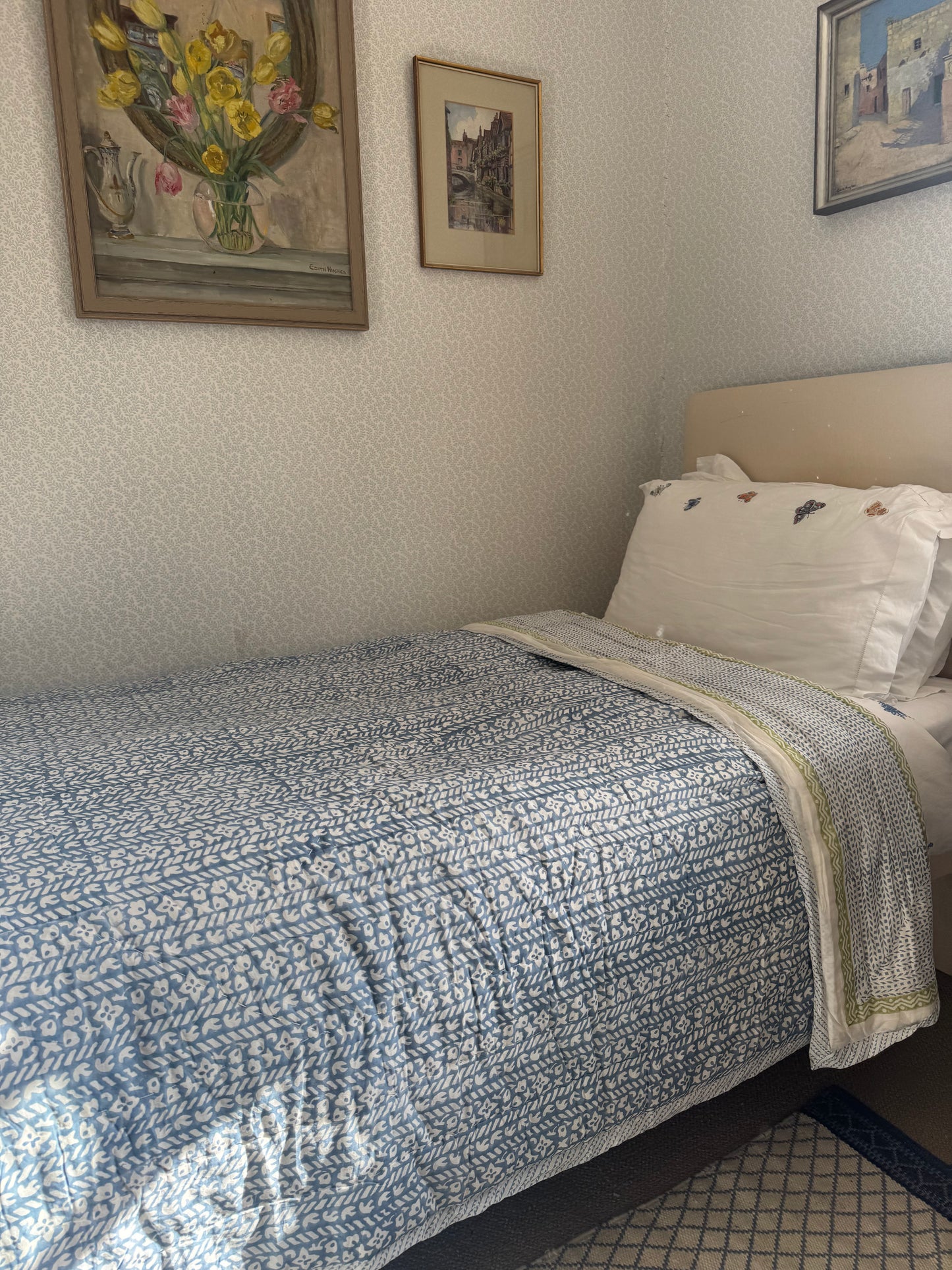 Blue Foliage & Tree Hand Block-Printed Single Bedspread