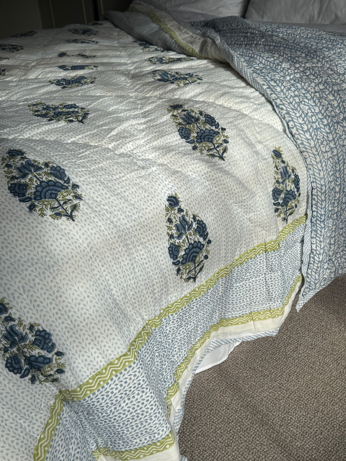 Blue Foliage & Tree Hand Block-Printed Bedspread