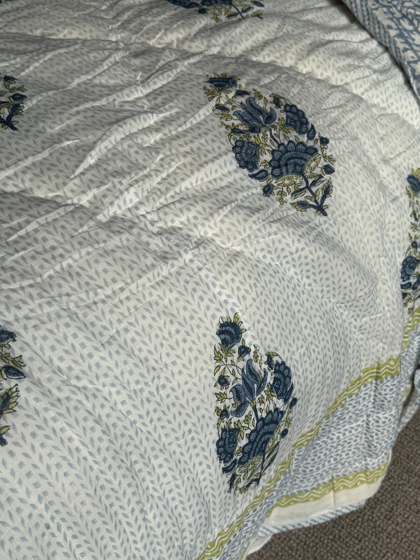 Blue Foliage & Tree Hand Block-Printed Bedspread