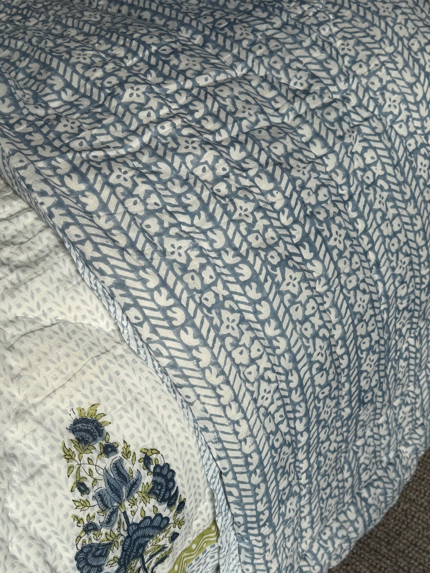 Blue Foliage & Tree Hand Block-Printed Bedspread
