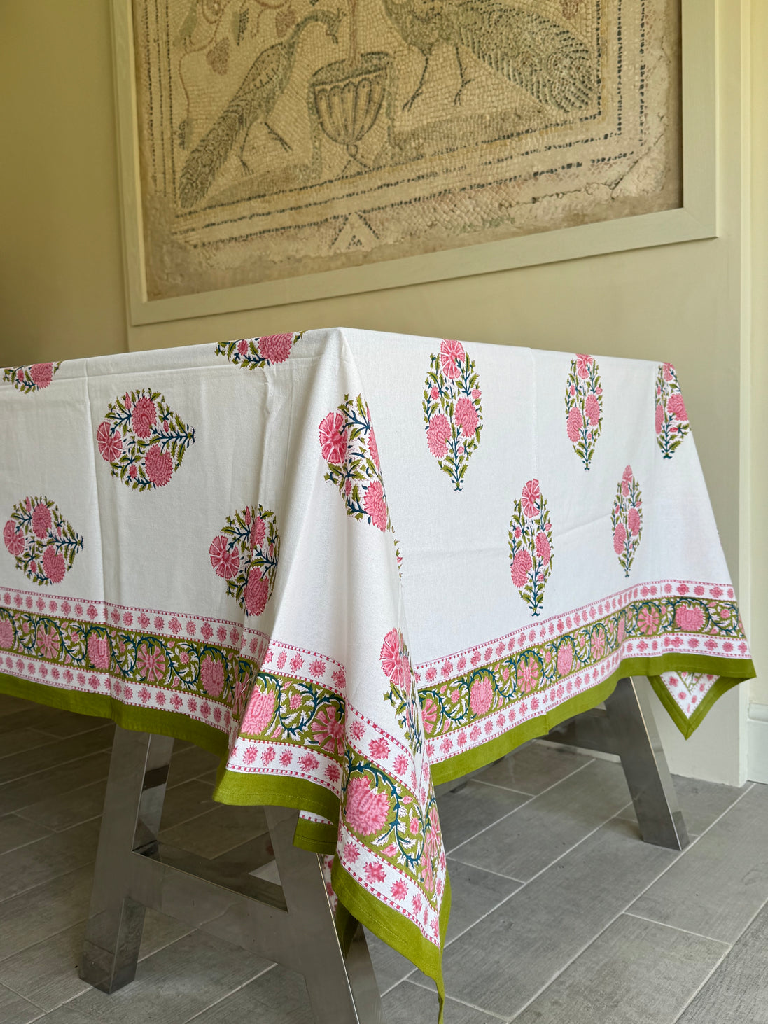 Pink Flower Block Print Tablecloth