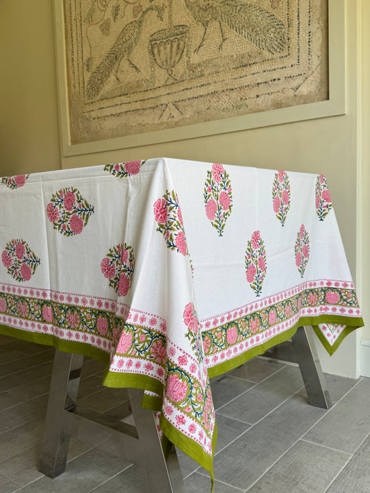 Pink Flower Block Print Tablecloth