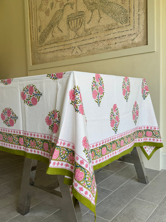 Pink Flower Block Print Tablecloth