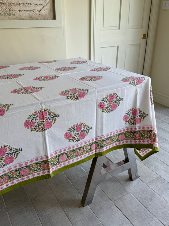 Pink Flower Block Print Tablecloth