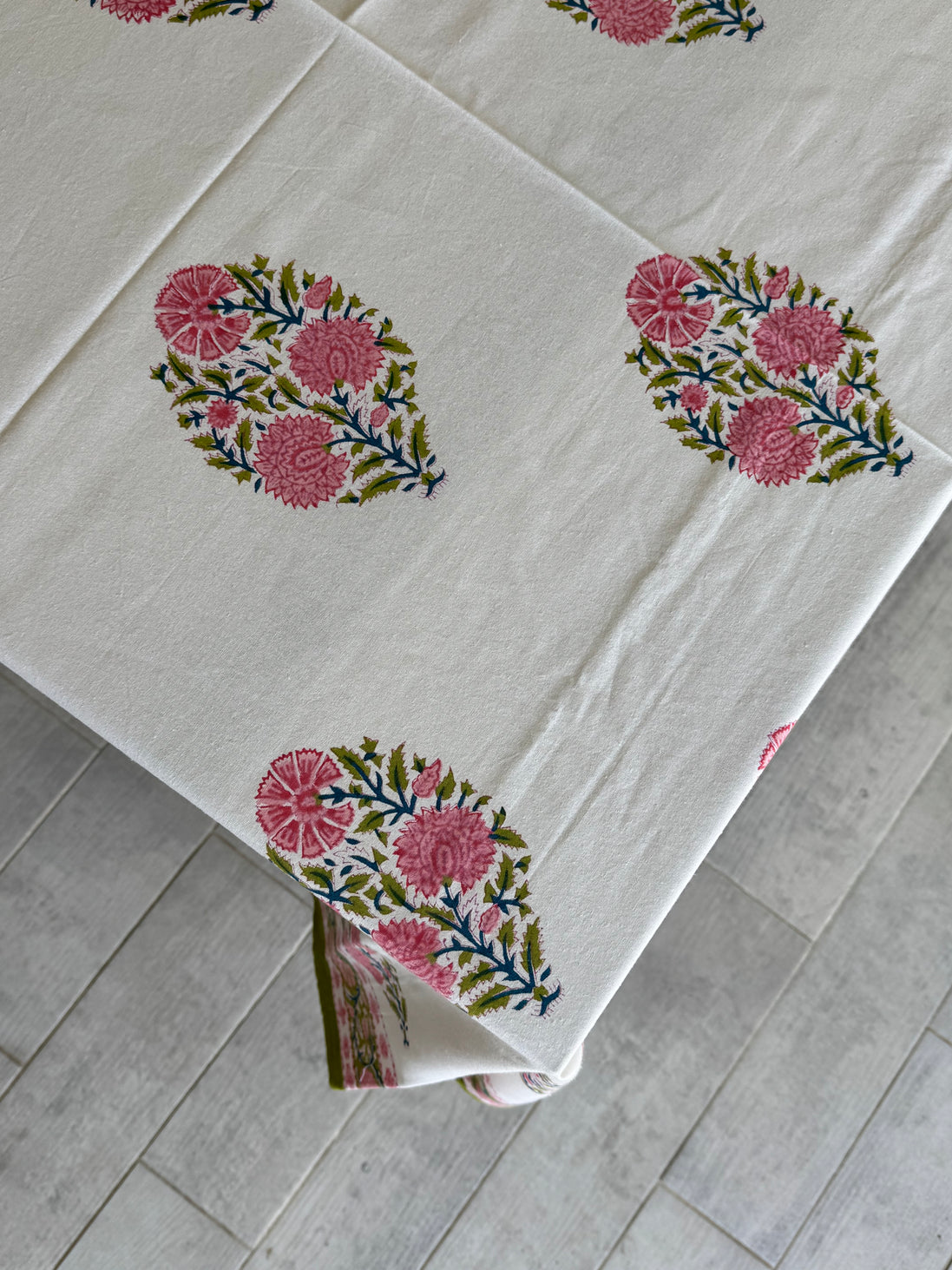 Pink Flower Block Print Tablecloth