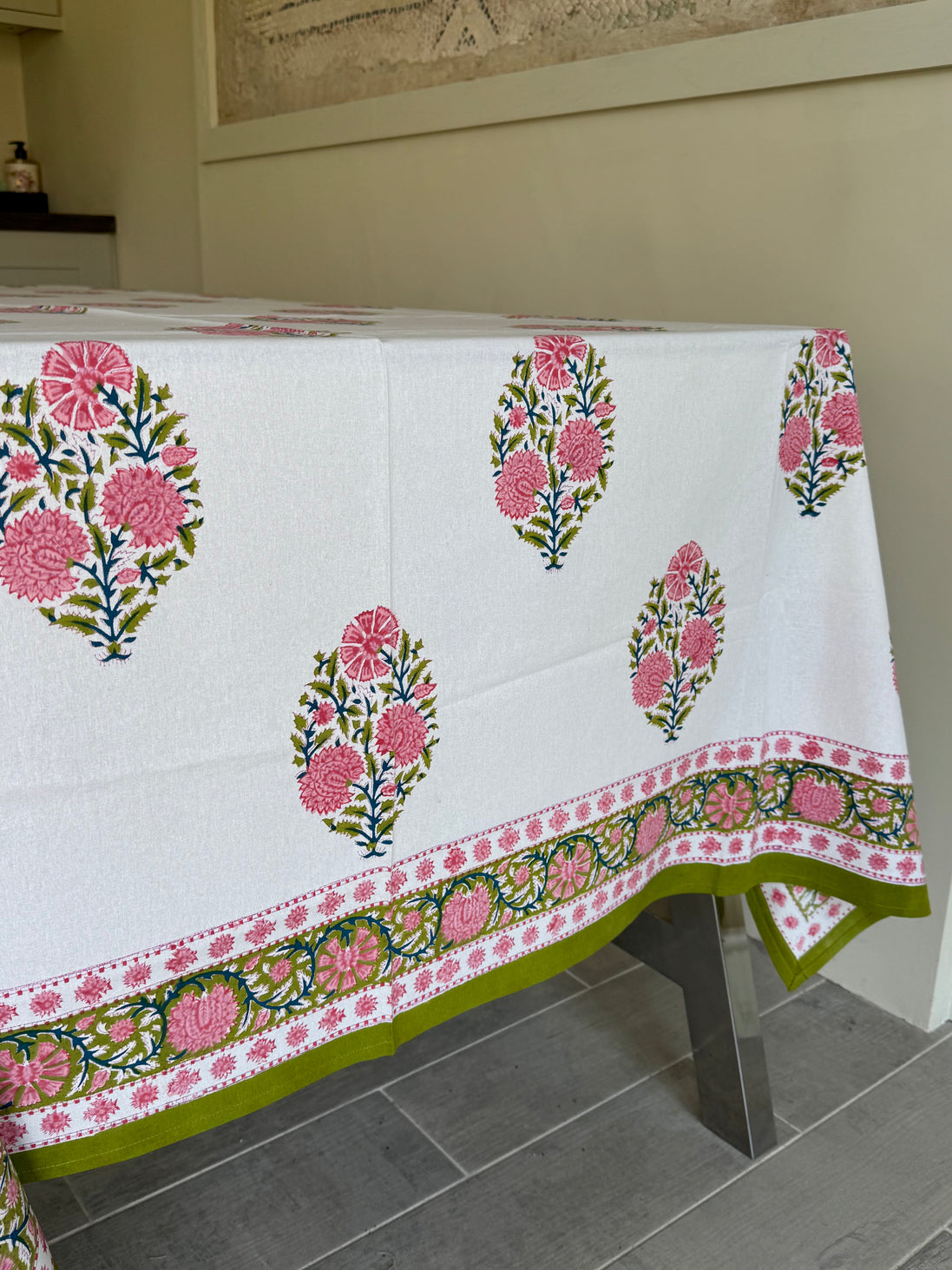 Pink Flower Block Print Tablecloth