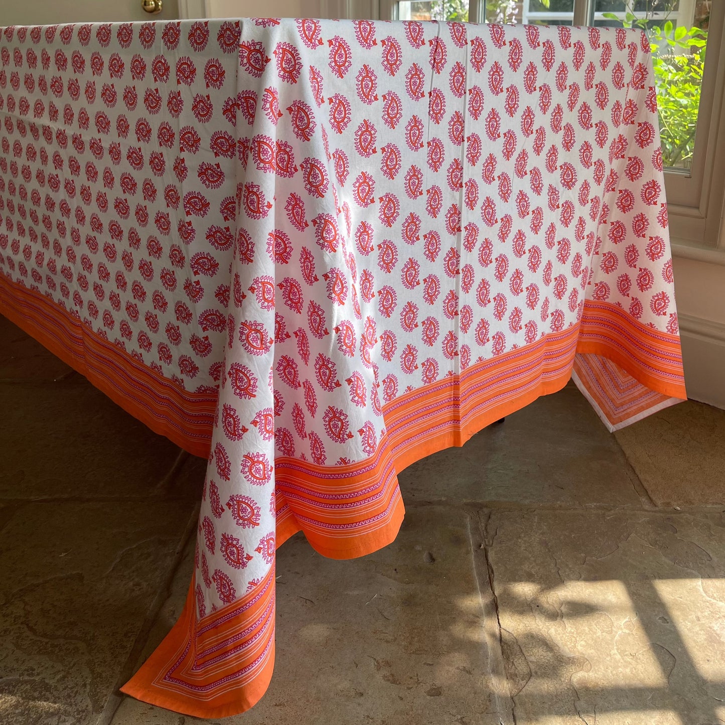 Pink and Orange Tree Block Printed Tablecloth