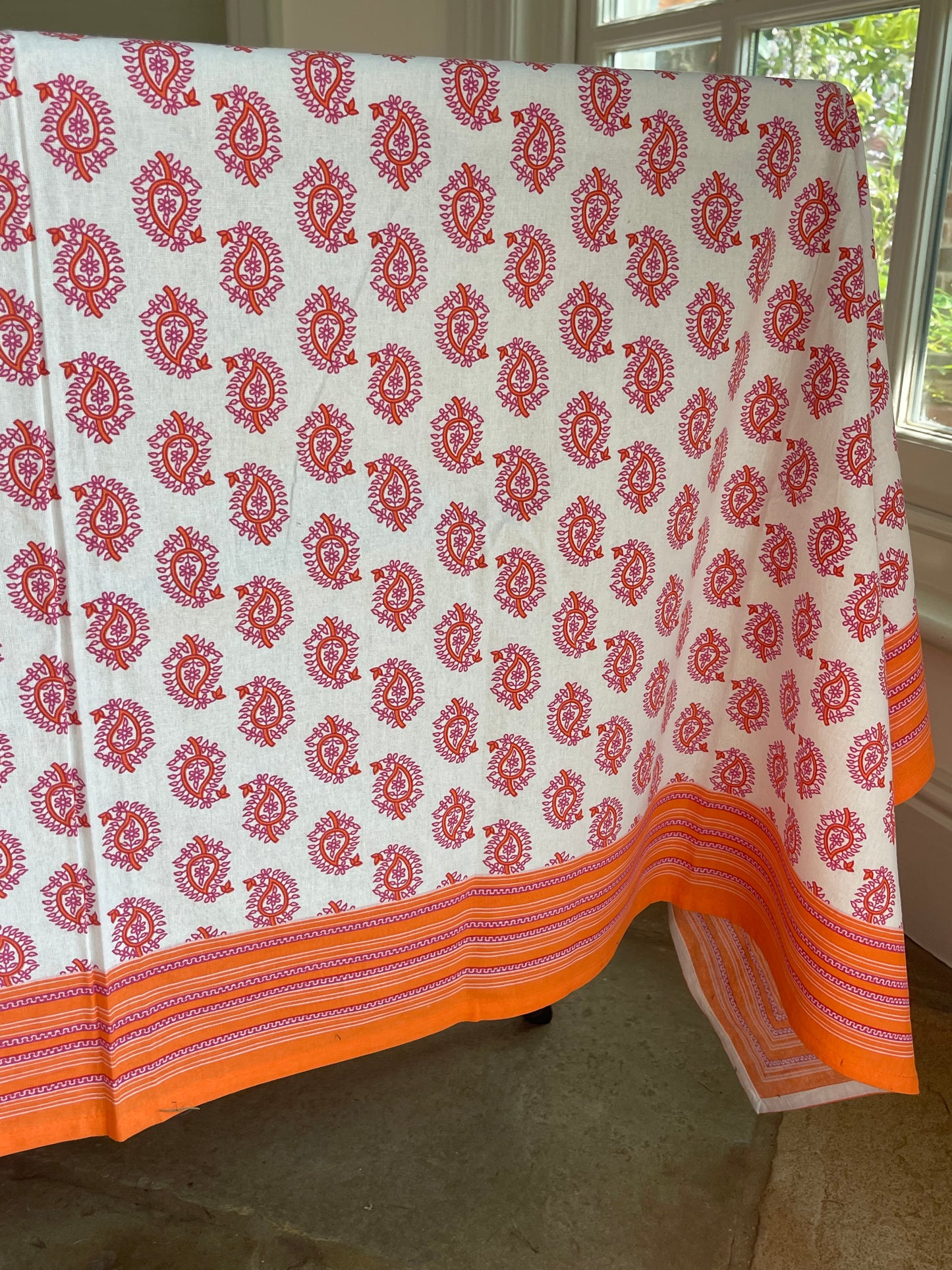 Pink and Orange Tree Block Printed Tablecloth