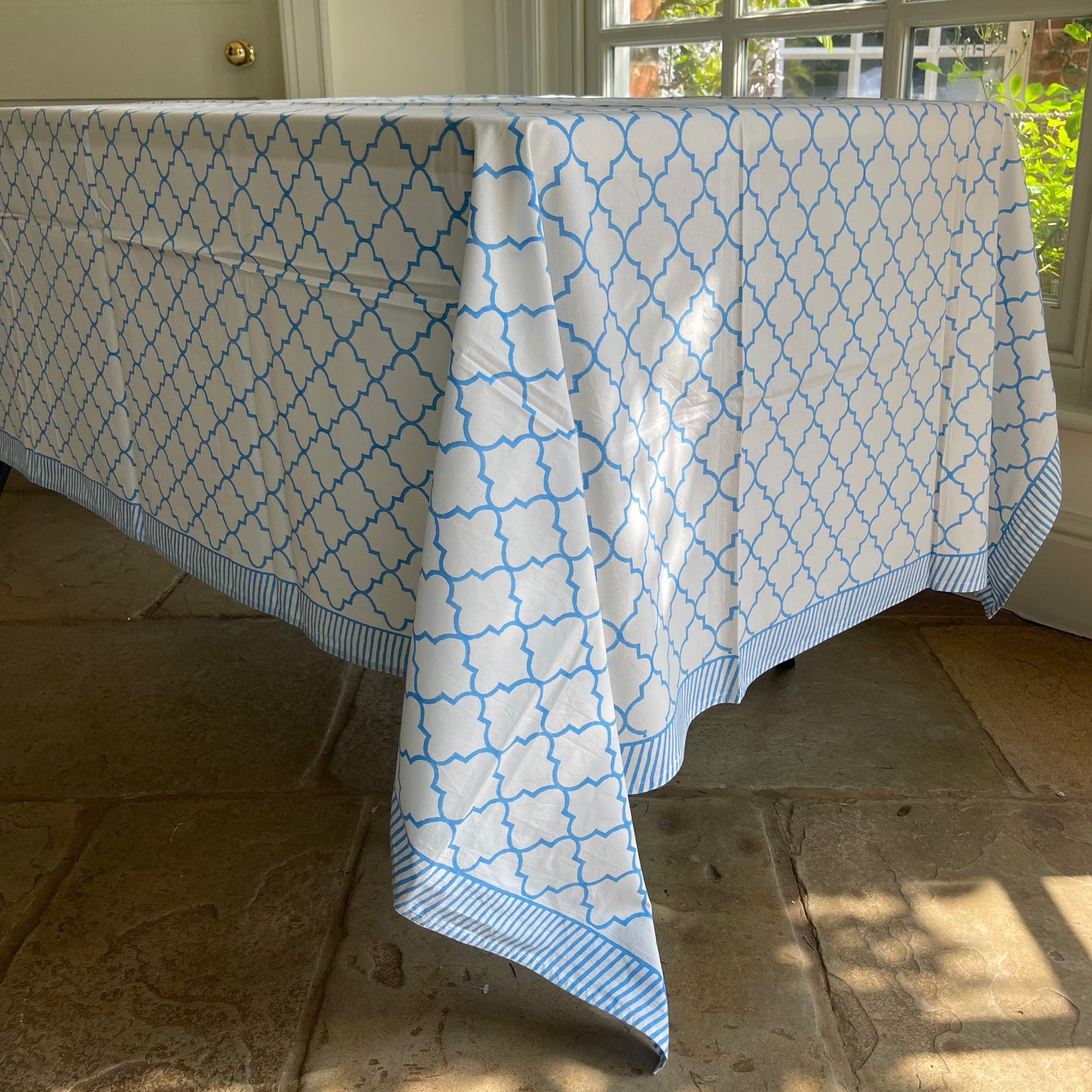 Blue and White Block Printed Tablecloth