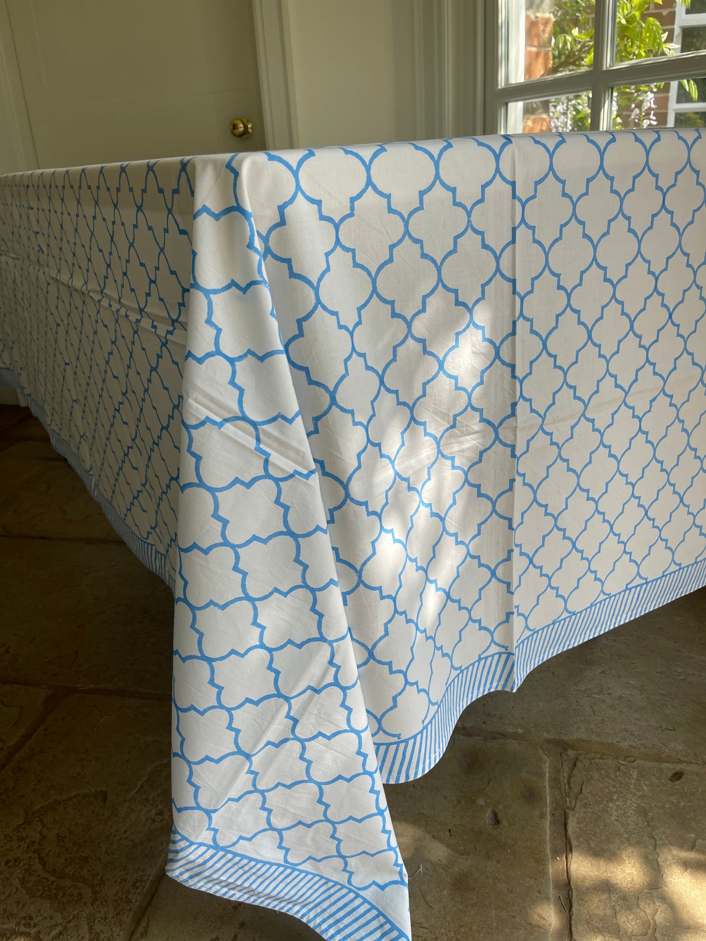 Blue and White Block Printed Tablecloth