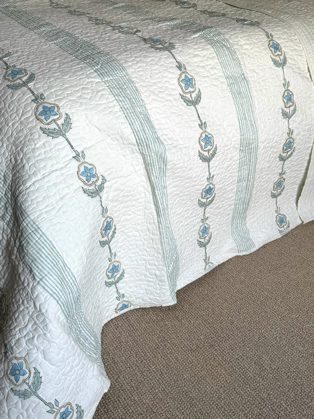 Blue Flower Trail Hand Block-Printed Bedspread