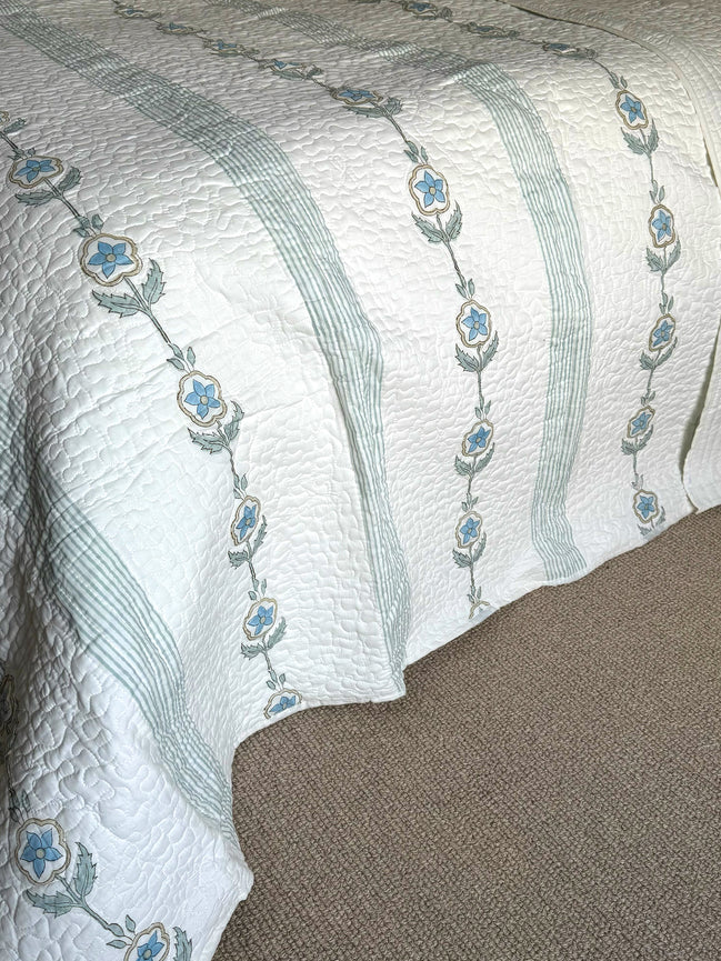 Blue Flower Trail Hand Block-Printed Bedspread