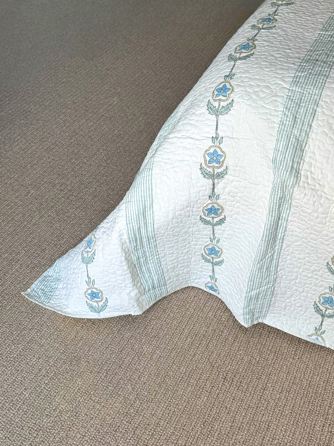 Blue Flower Trail Hand Block-Printed Bedspread