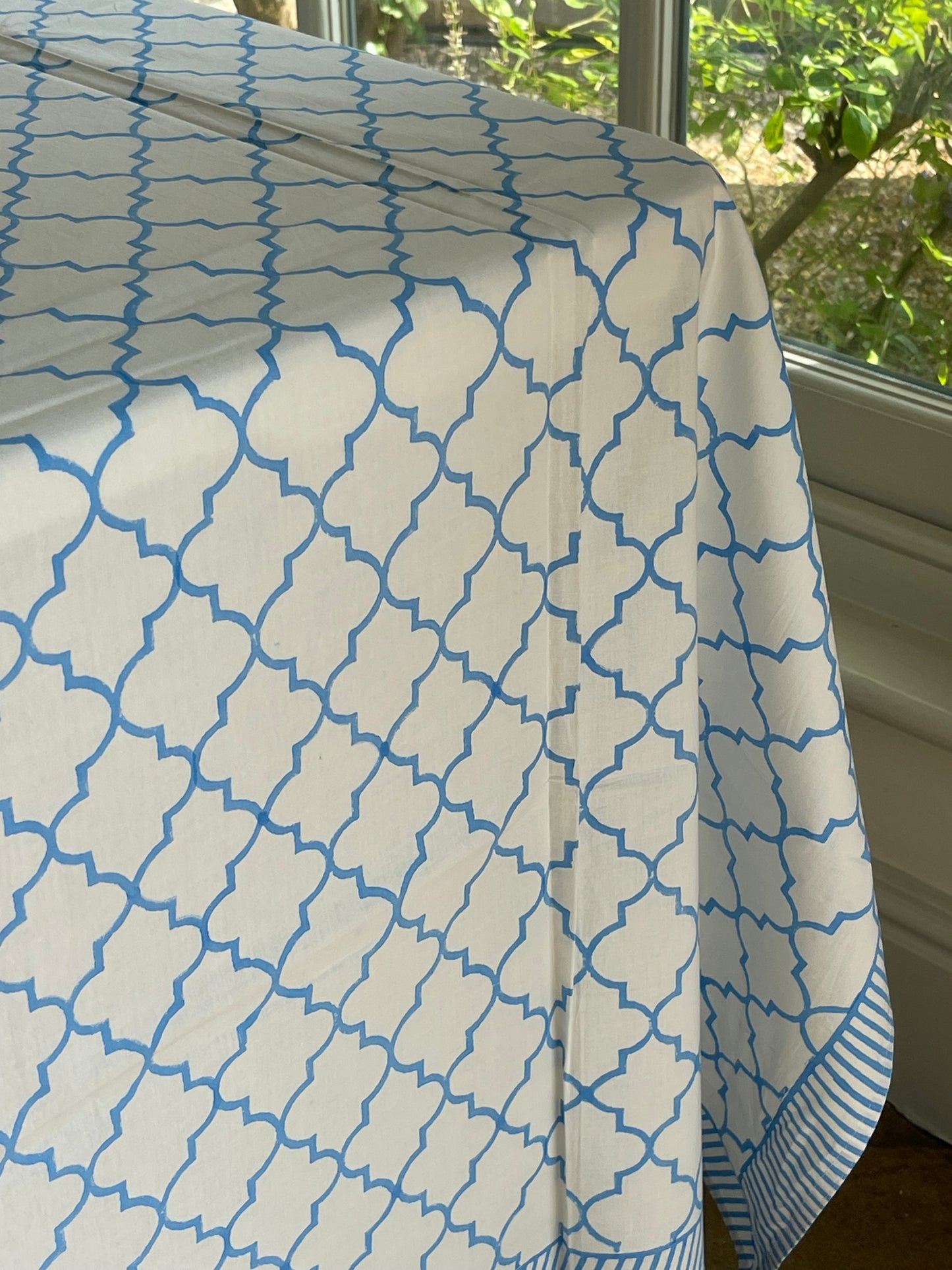 Blue and White Block Printed Tablecloth