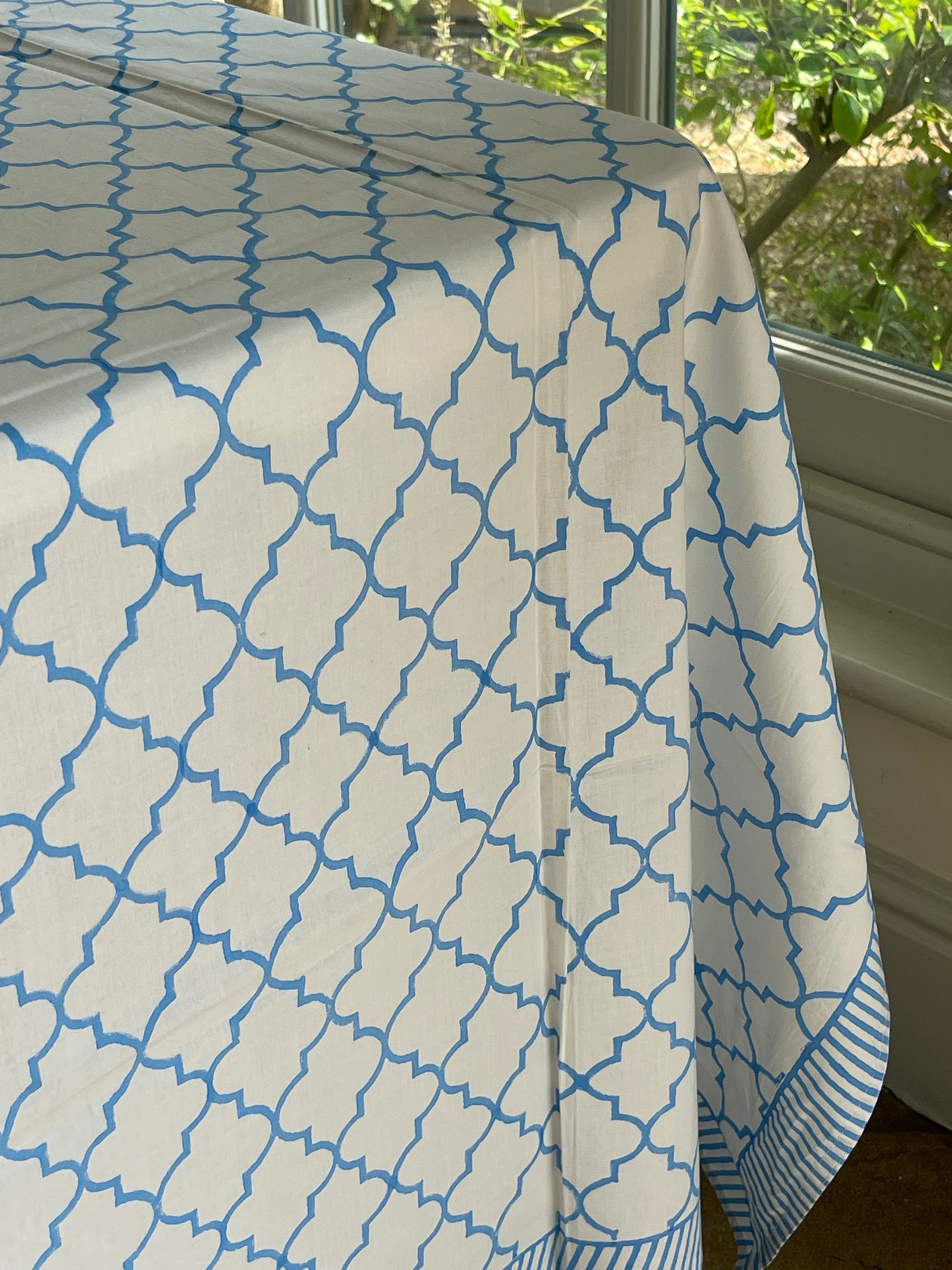 Blue and White Block Printed Tablecloth