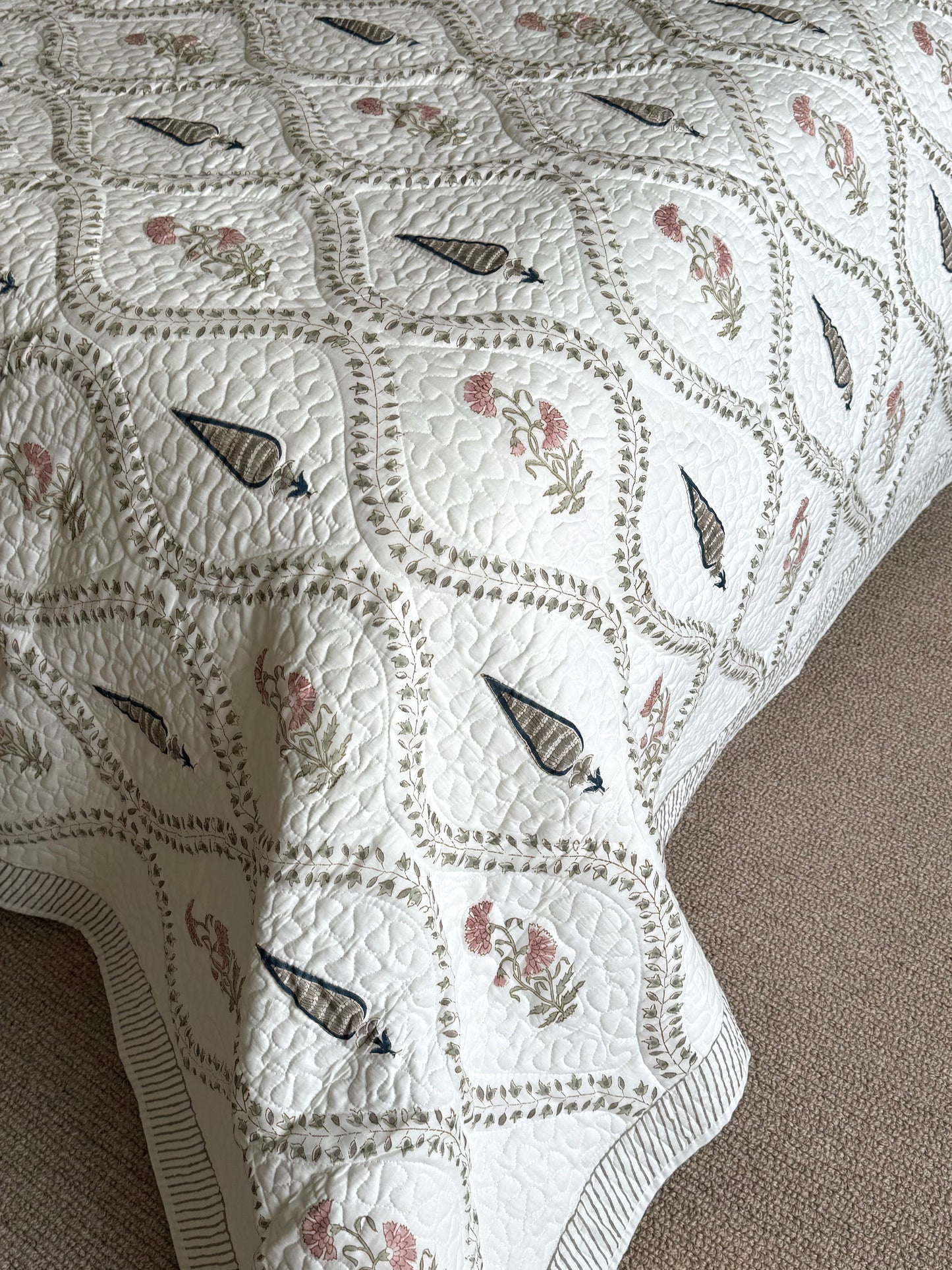 Navy and Pink Cypress Hand Block-Printed Bedspread