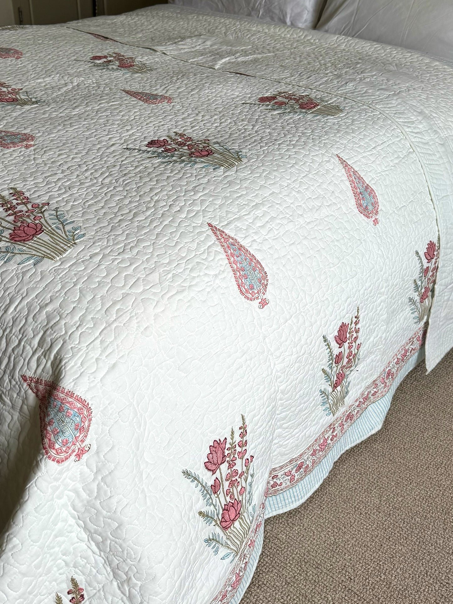 Pink Cypress and Foliage Hand Block-Printed Bedspread