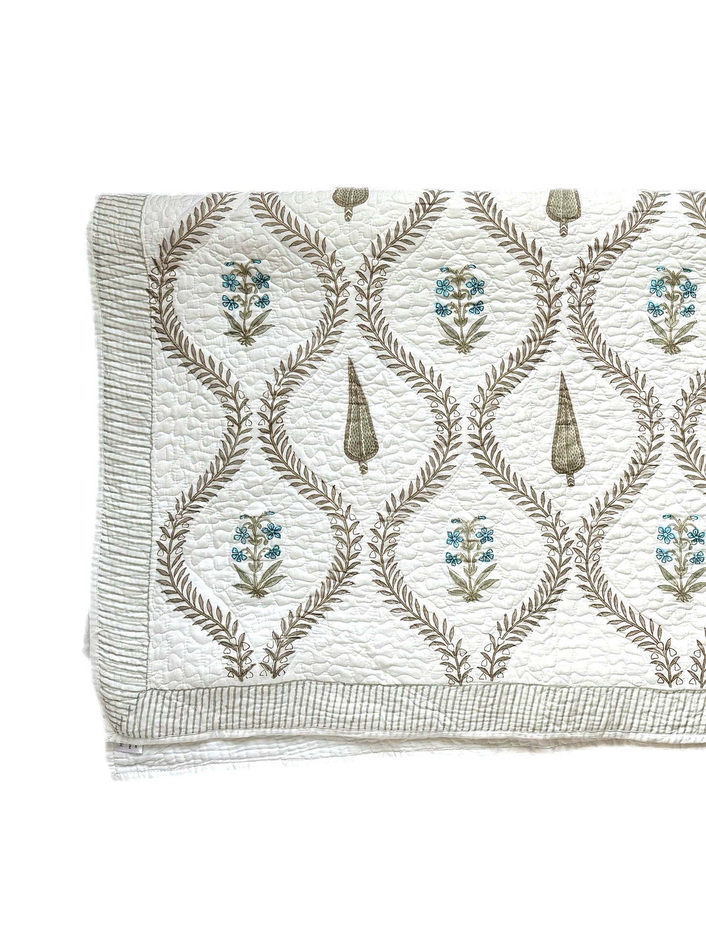 Blue Foliage and Cypress Hand Block-Printed Bedspread