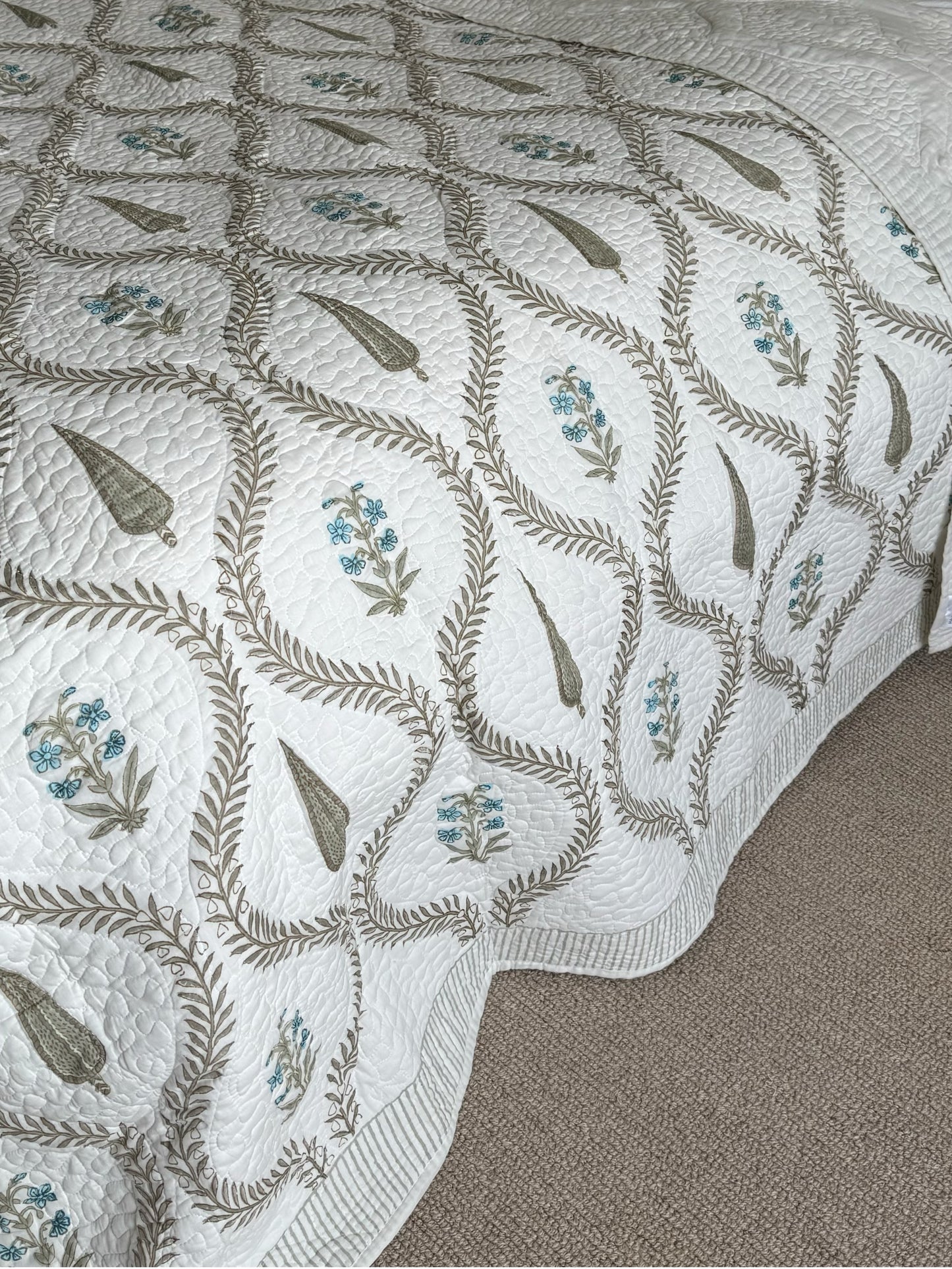 Blue Foliage and Cypress Hand Block-Printed Bedspread