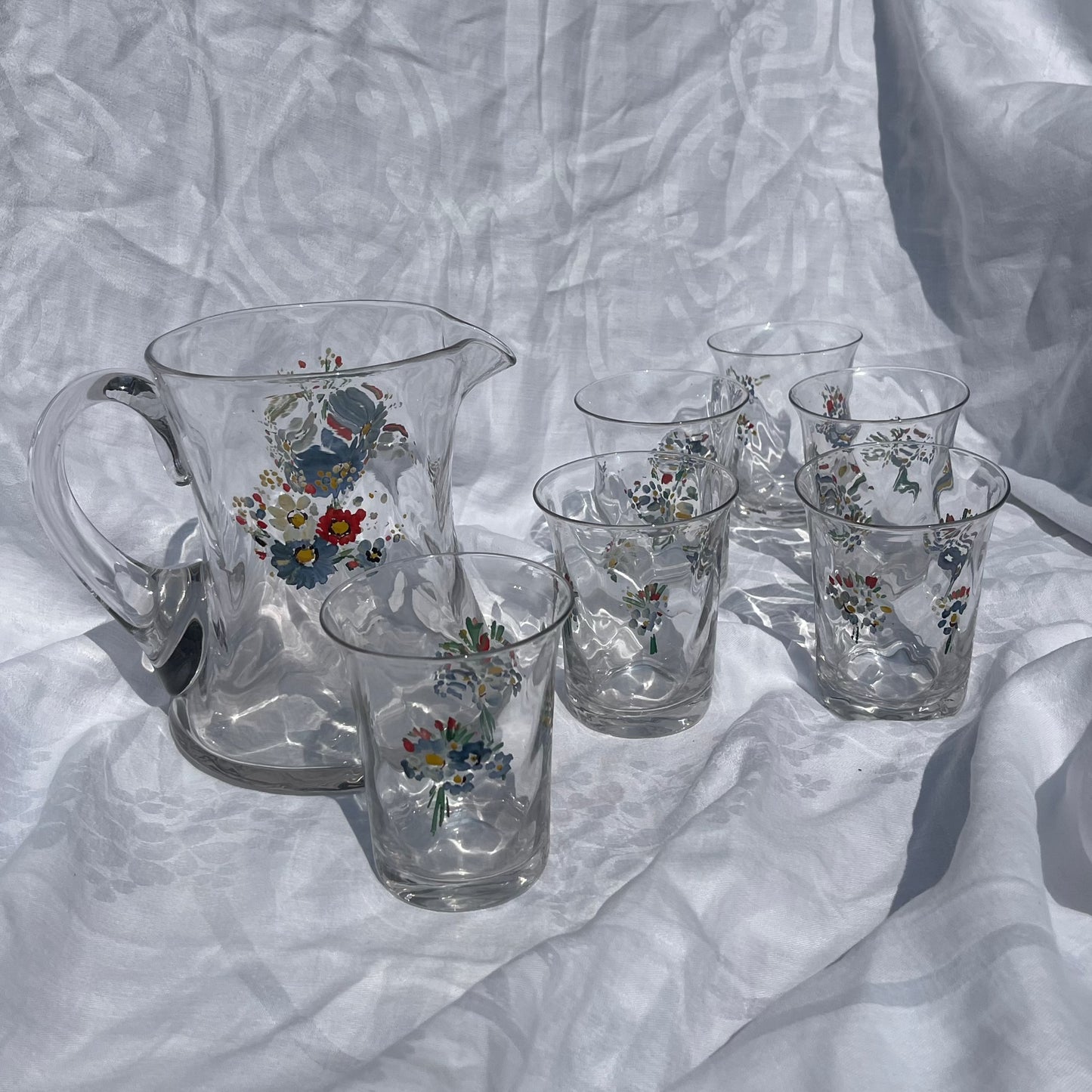 French Hand Painted Jug And 6 Glasses