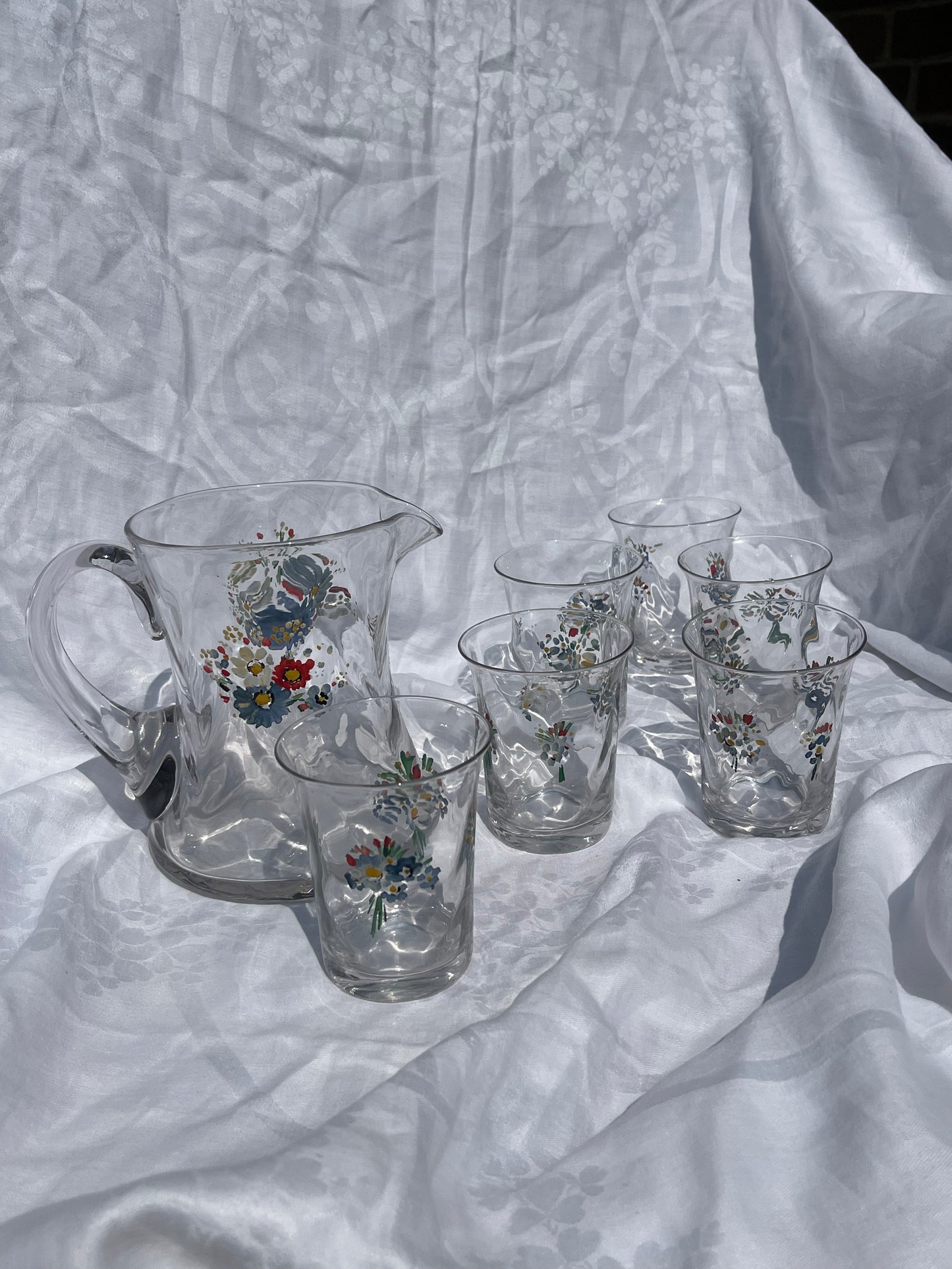 French Hand Painted Jug And 6 Glasses