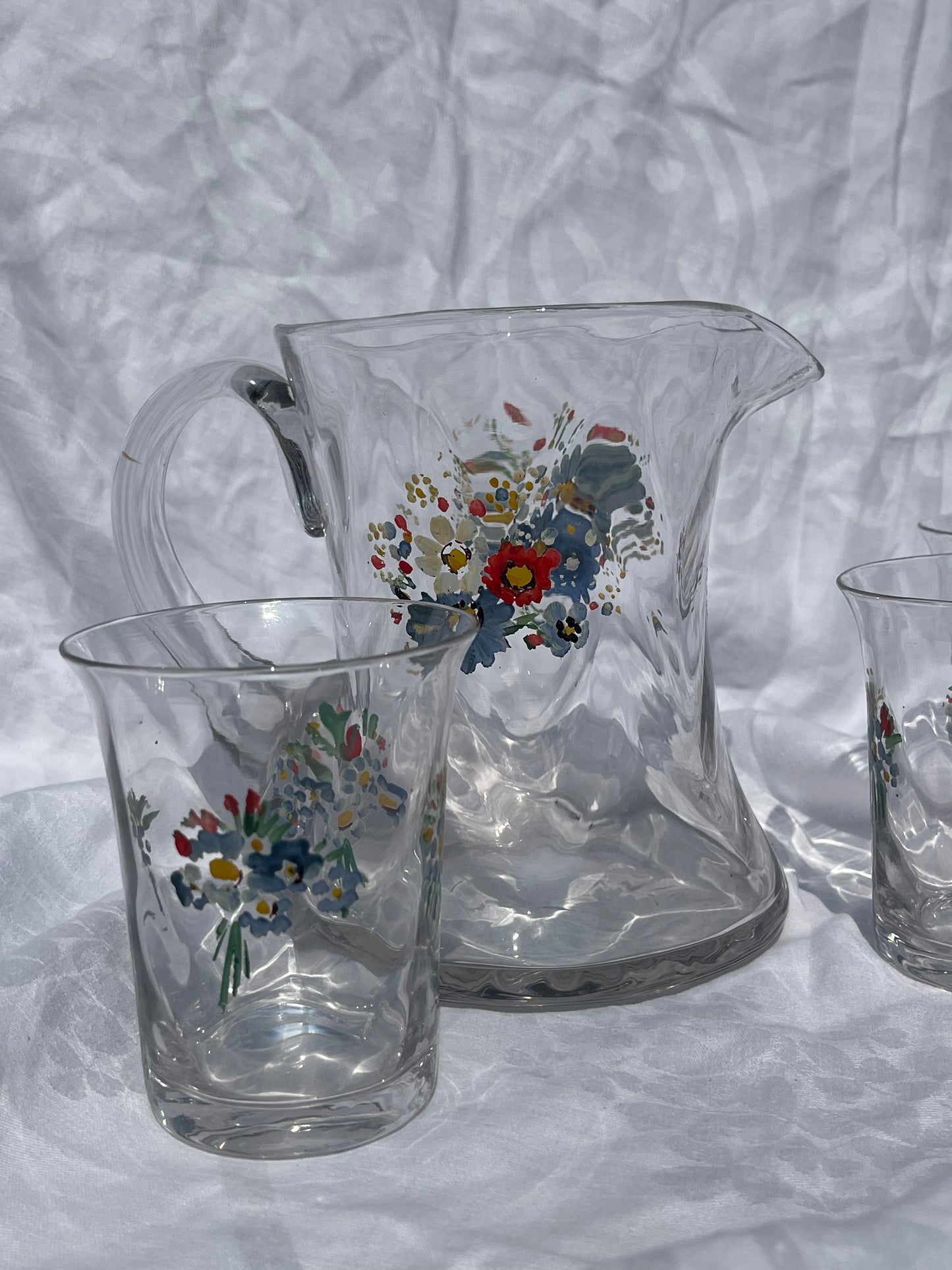 French Hand Painted Jug And 6 Glasses