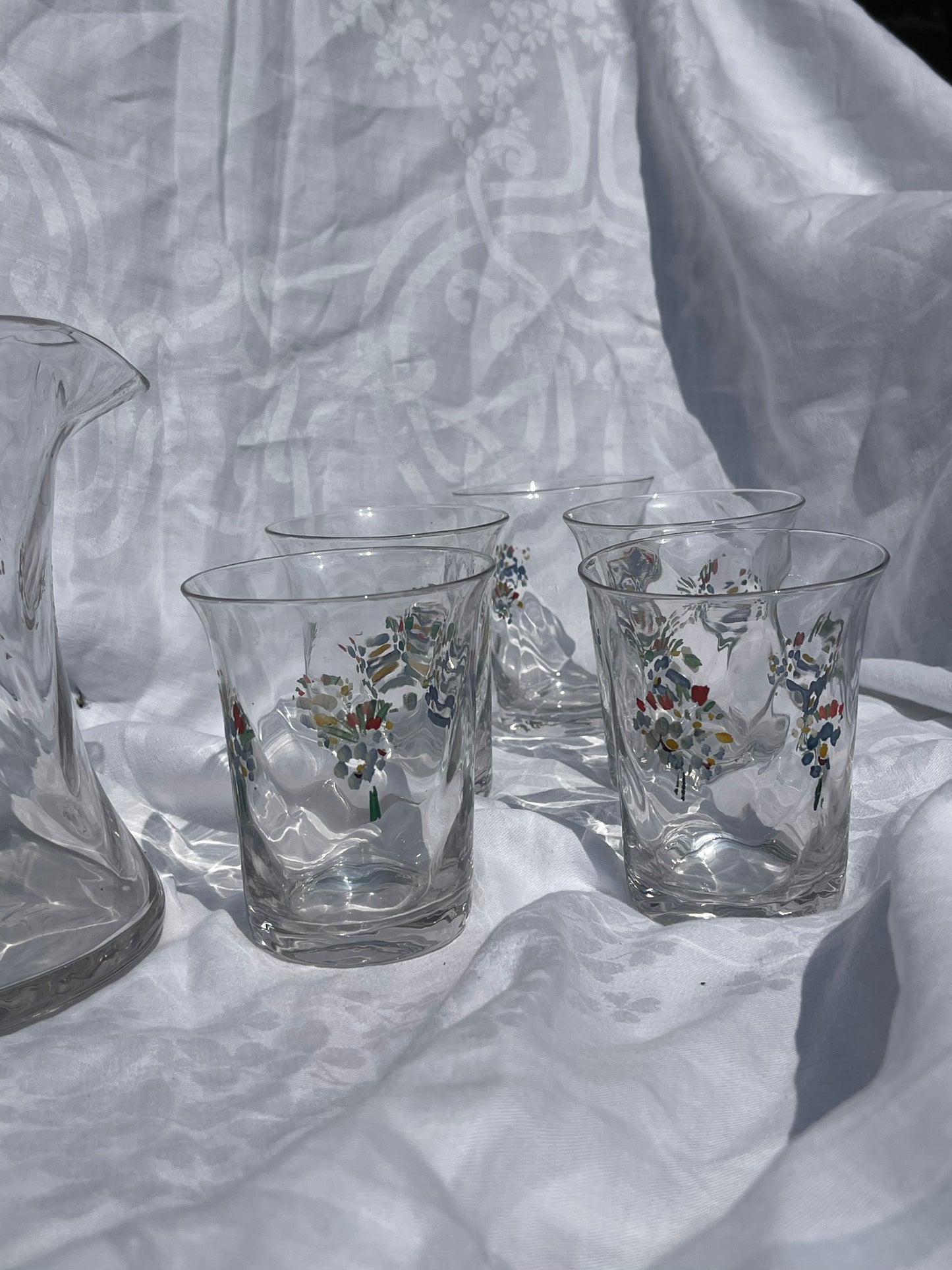 French Hand Painted Jug And 6 Glasses