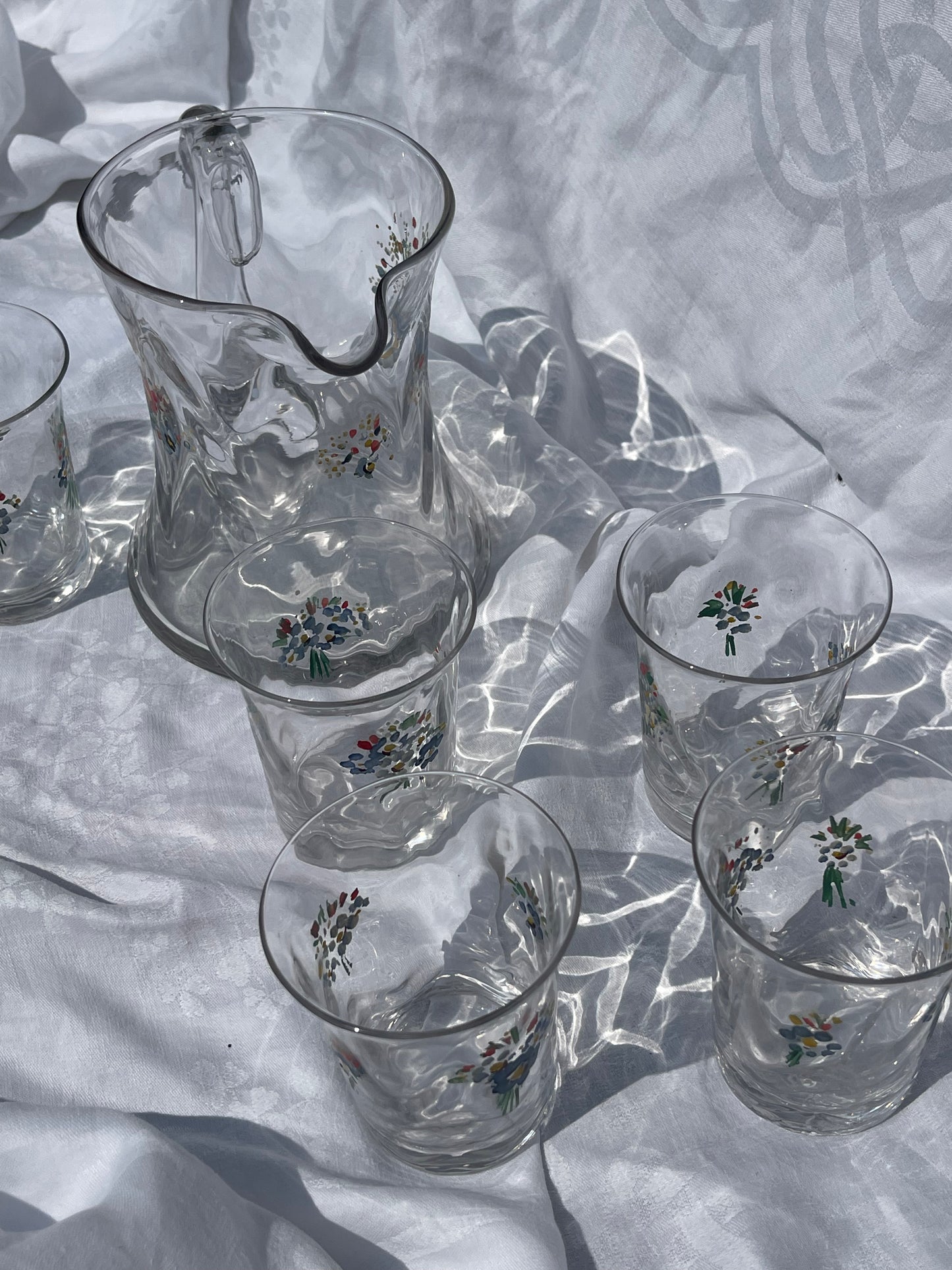 French Hand Painted Jug And 6 Glasses