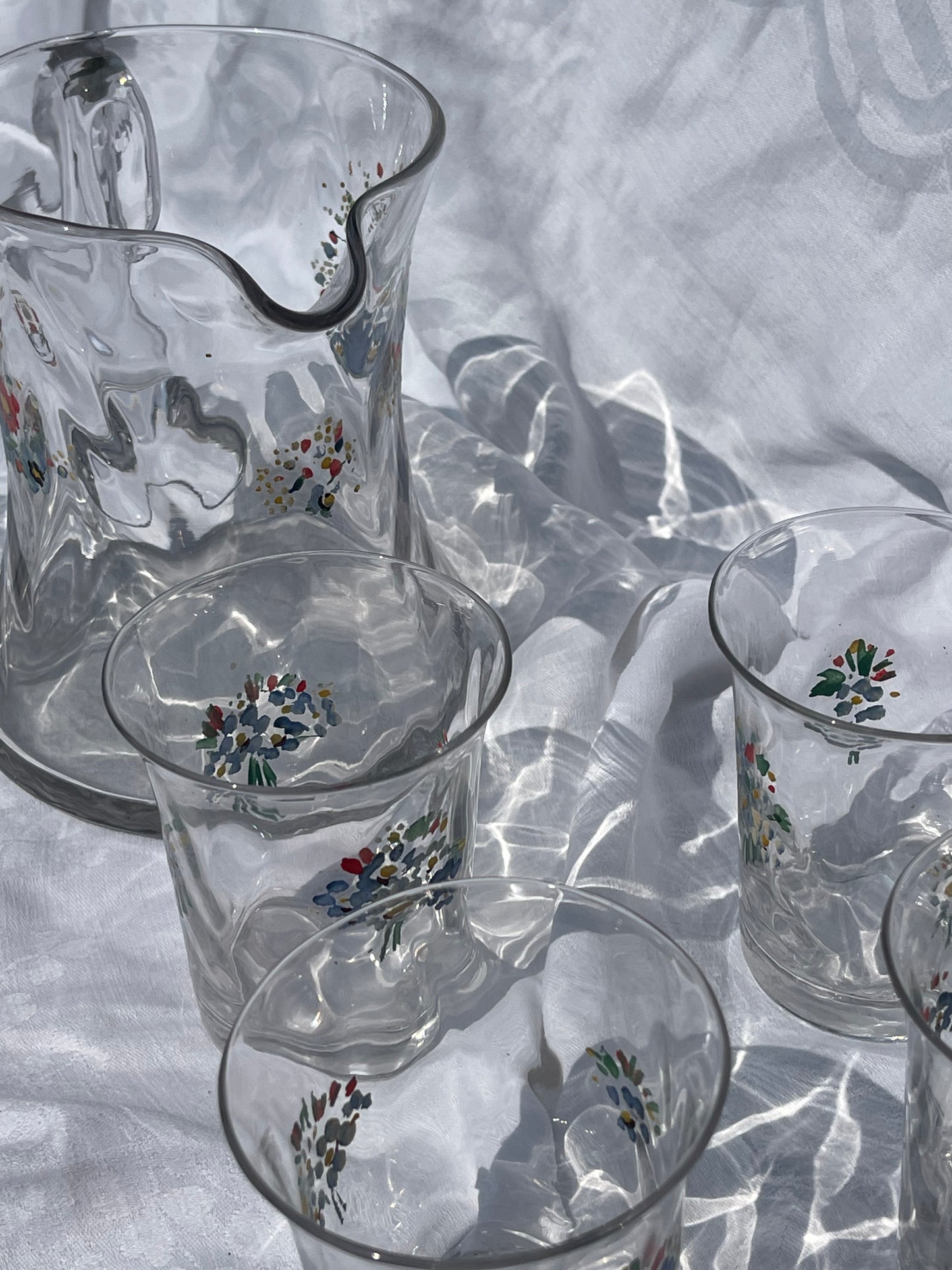 French Hand Painted Jug And 6 Glasses