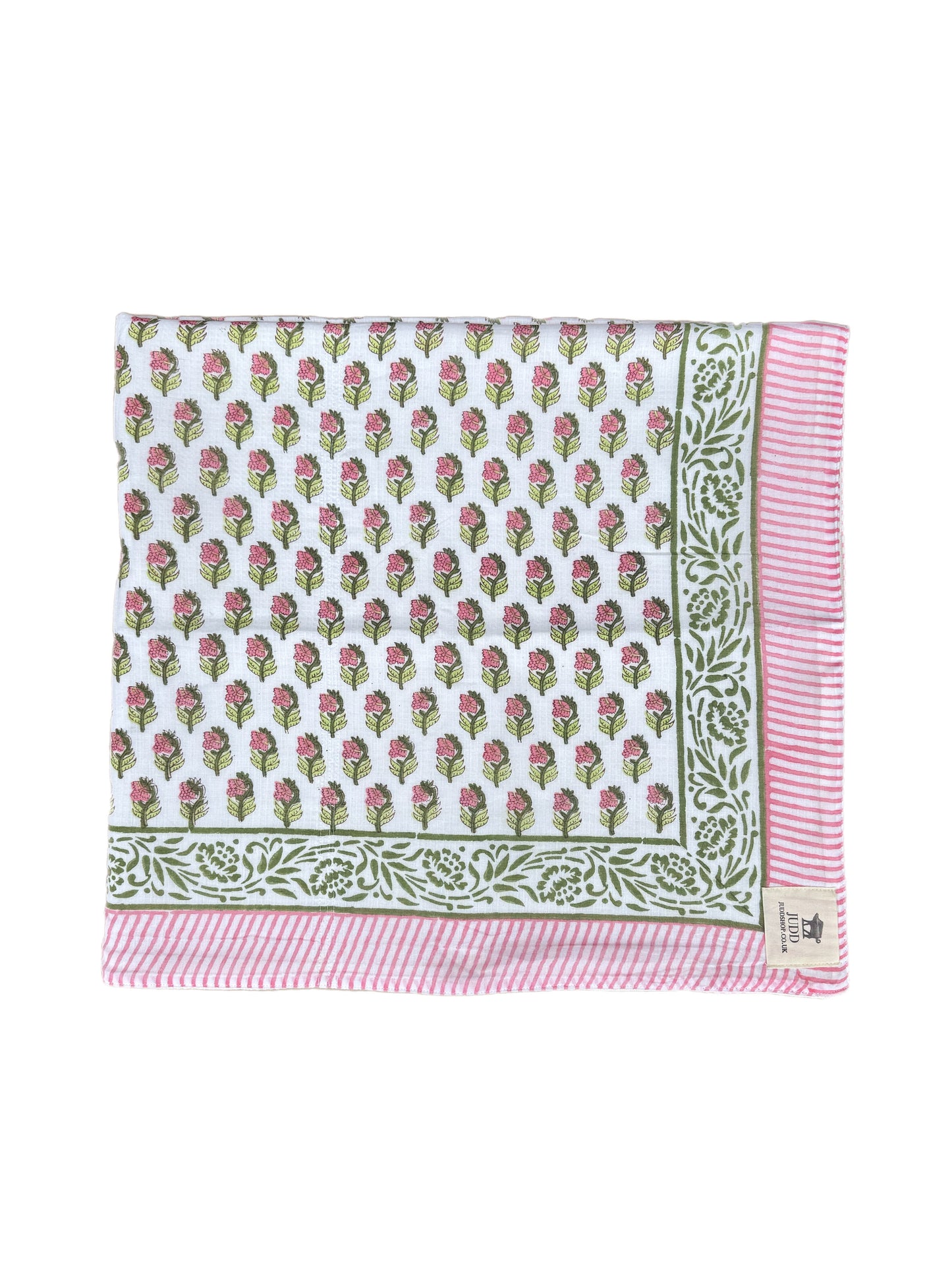 'Pink Shrub' Green Bordered Block Printed Cotton Towel