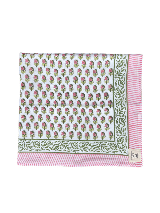 'Pink Shrub' Green Bordered Block Printed Cotton Towel