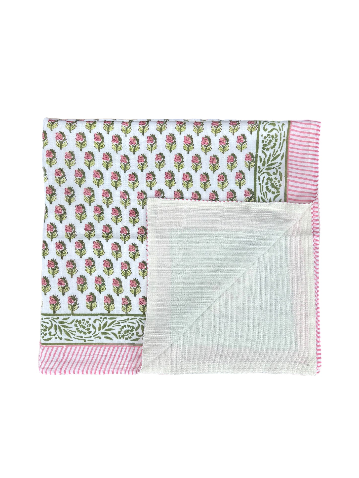 'Pink Shrub' Green Bordered Block Printed Cotton Towel