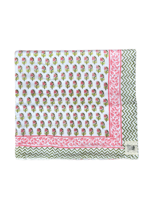 'Pink Shrub' Pink Bordered Block Printed Cotton Towel