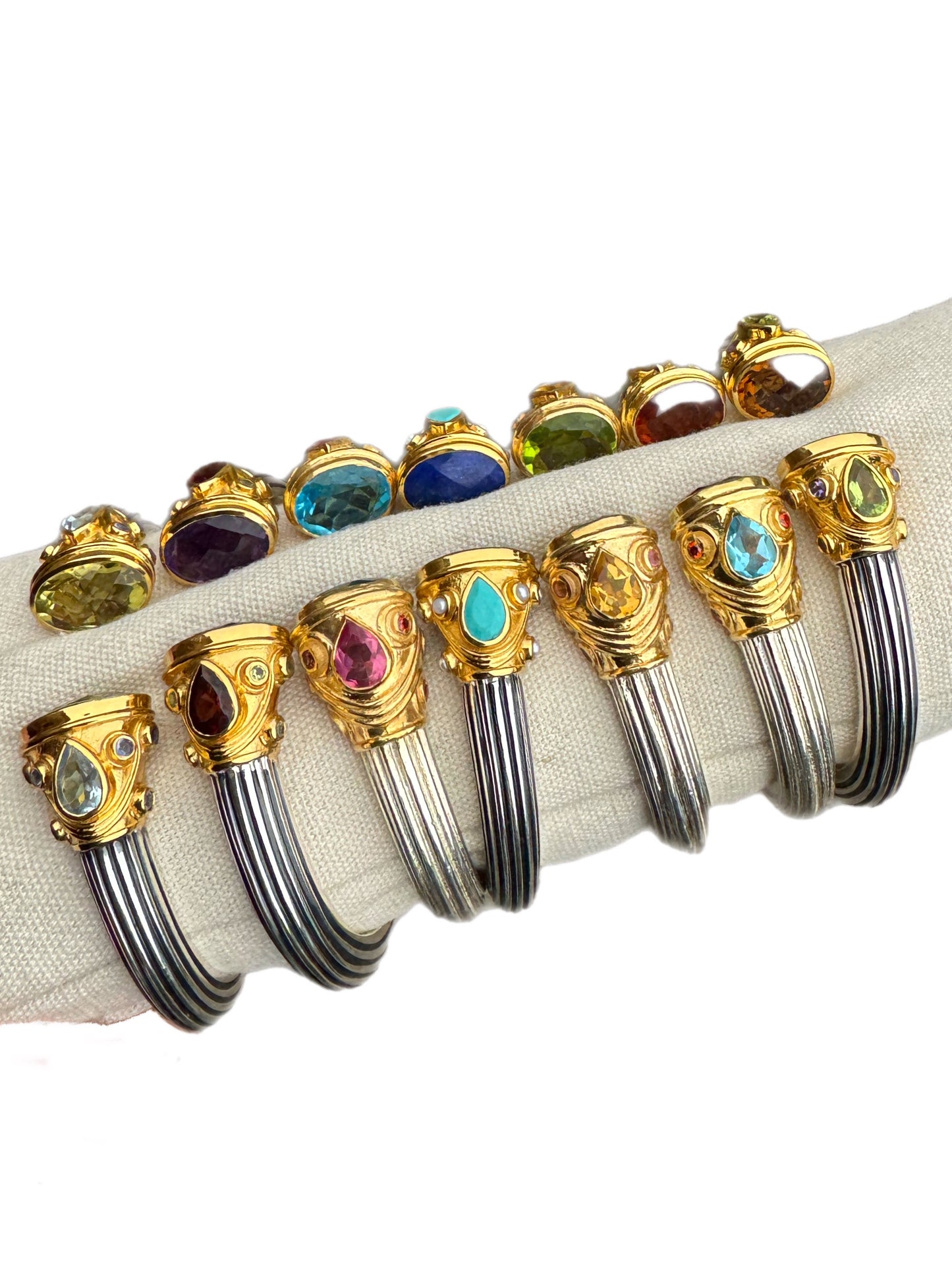 Silver & Gold Plated Blue Topaz, Pink Topaz and Garnet Jewelled Bangle