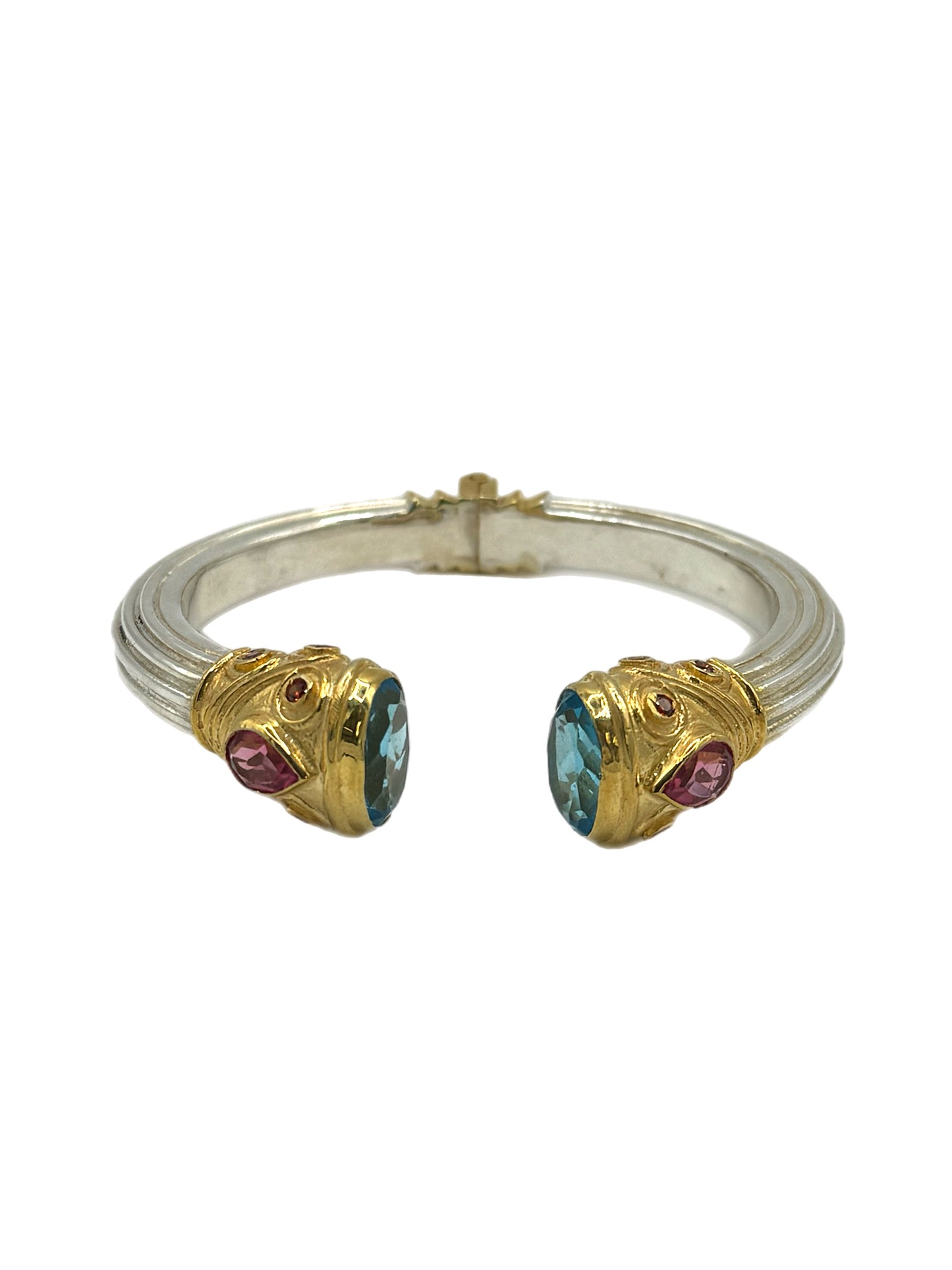 Silver & Gold Plated Blue Topaz, Pink Topaz and Garnet Jewelled Bangle