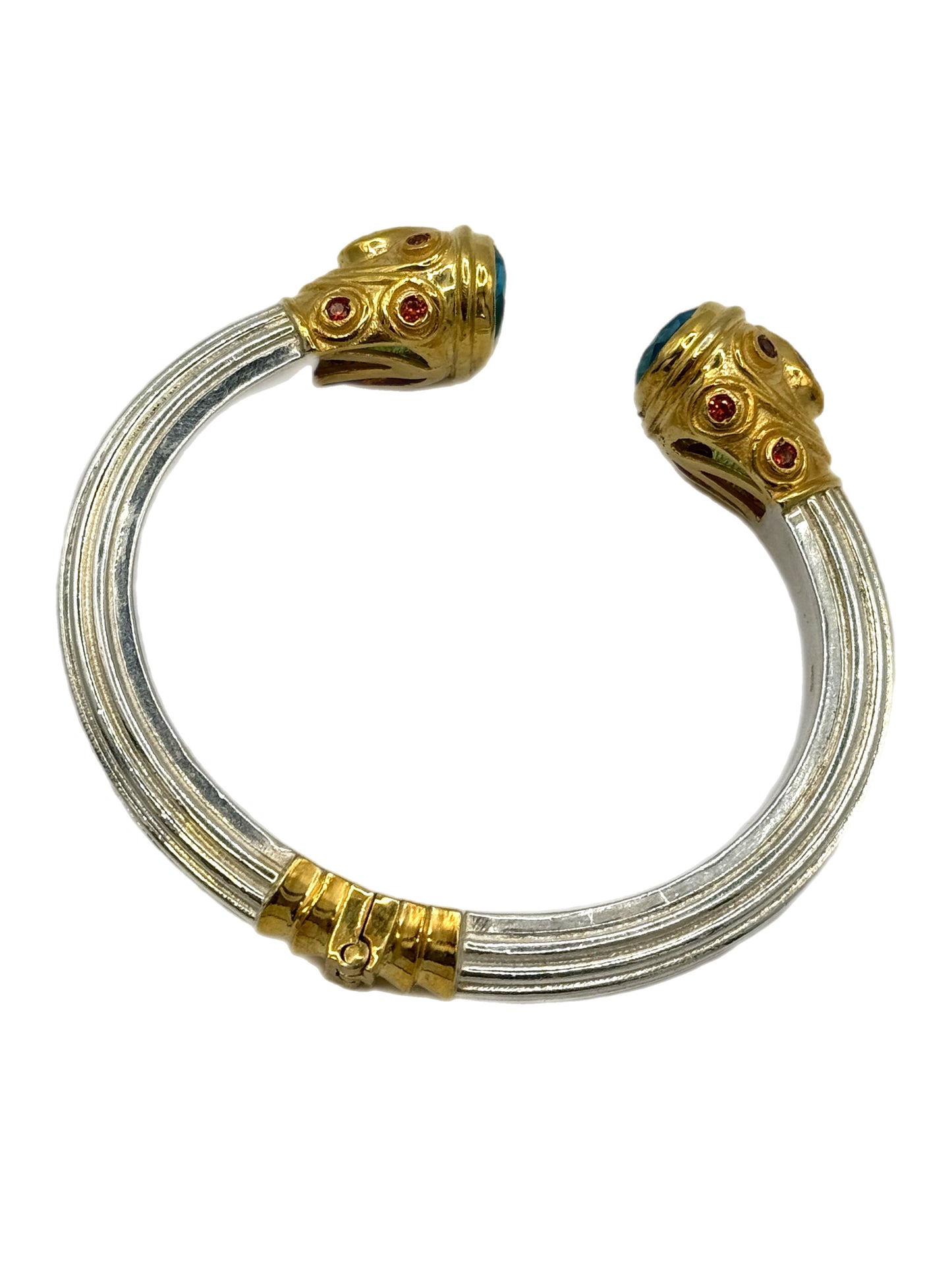 Silver & Gold Plated Blue Topaz, Pink Topaz and Garnet Jewelled Bangle