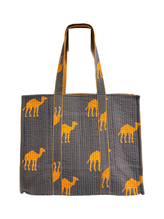 'Orange and Taupe Camel' Block Print Tote Bag
