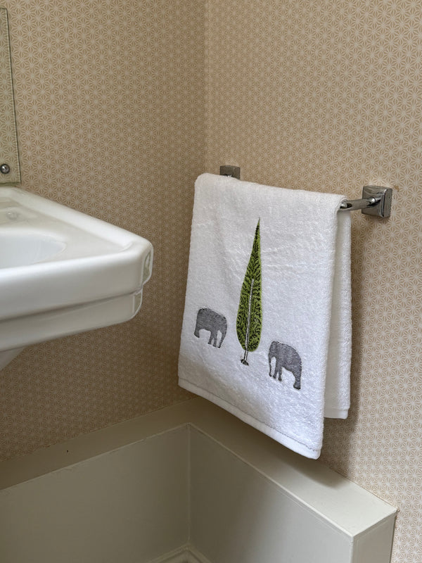 Cypress Tree and Elephant Embroidered Hand Towel