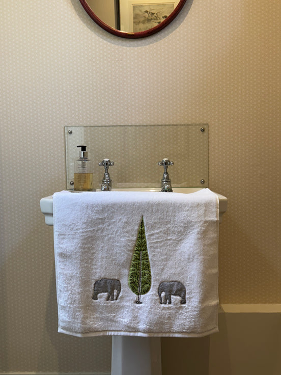 Cypress Tree and Elephant Embroidered Hand Towel