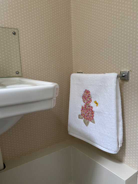 Pink Hydrangea and Butterfly Embroidered Hand Towel