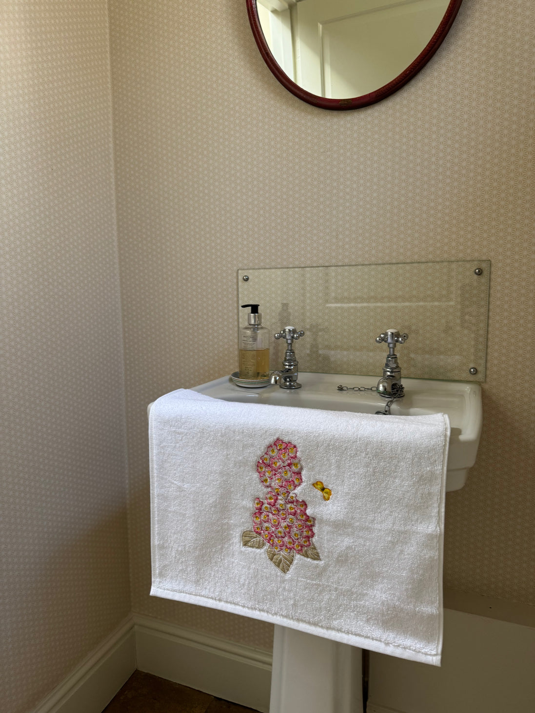 Pink Hydrangea and Butterfly Embroidered Hand Towel