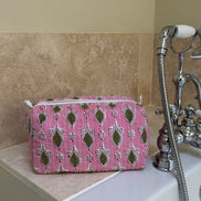 'Pink and Green Foliage' Block Printed Sponge Bag/Washbag