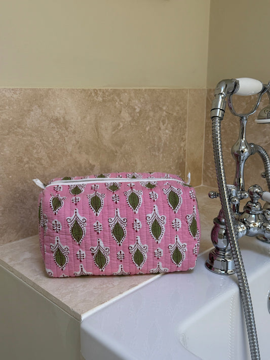 'Pink and Green Foliage' Block Printed Sponge Bag/Washbag