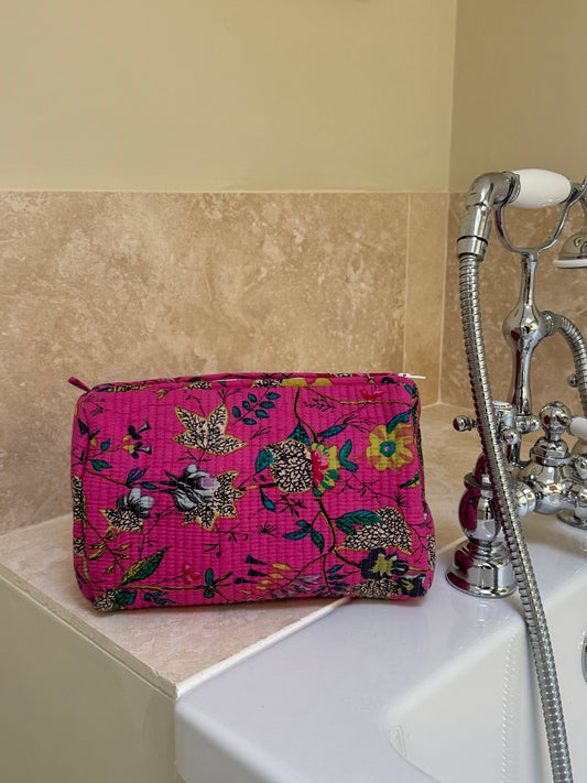 'Vivid Pink Birds' Block Printed Sponge Bag/Washbag