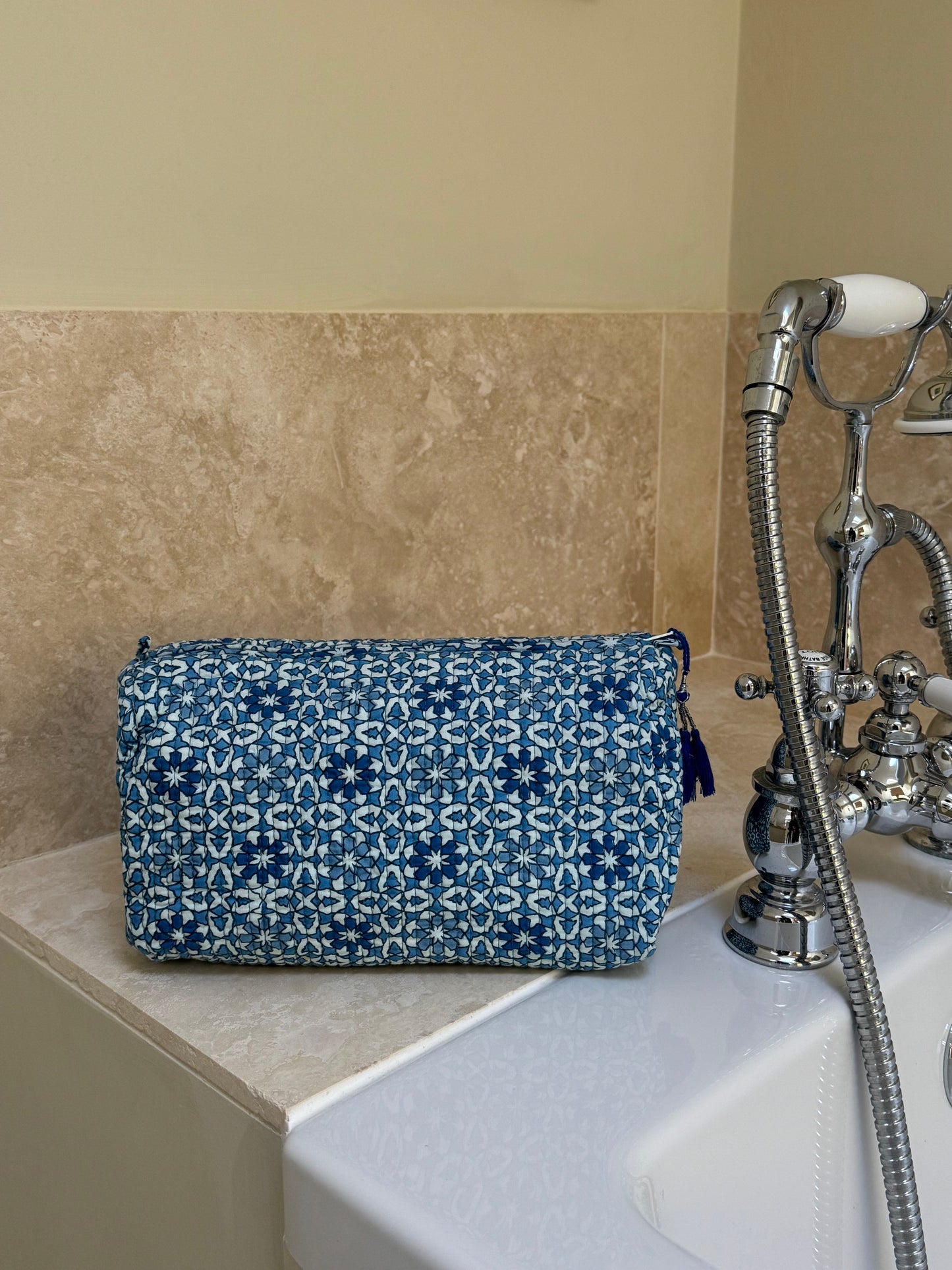 'Blue Stars' Block Printed Sponge Bag/Washbag