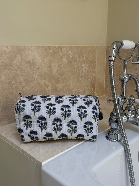 'Blue and Greeen Flower' Block Printed Sponge Bag/Washbag