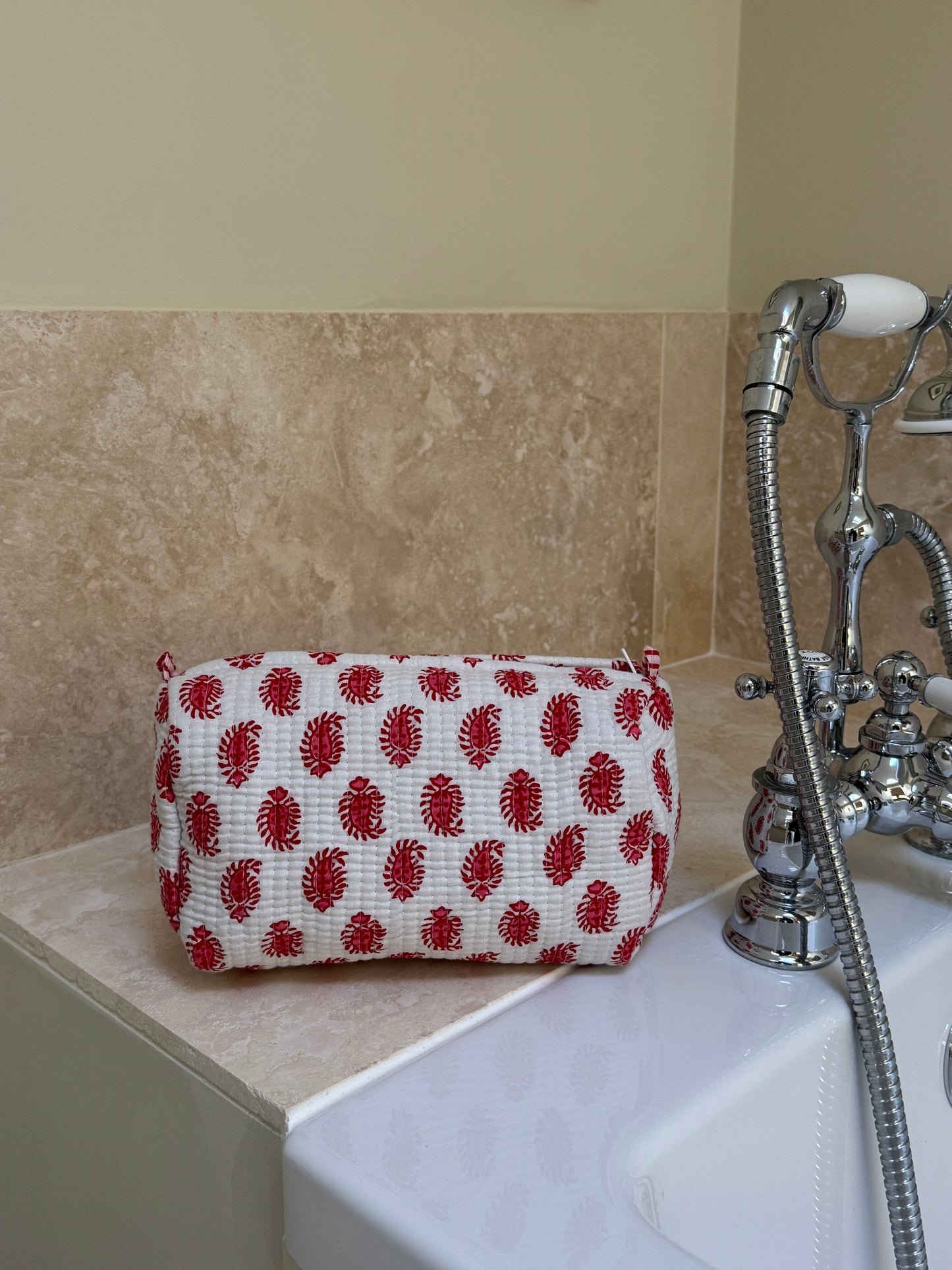 'Red Paisley Leaf' Block Printed Sponge Bag/Washbag