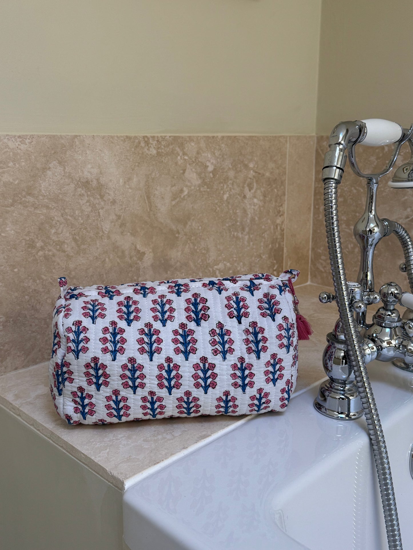 'Blue and Pink Trees' Block Printed Sponge Bag/Washbag